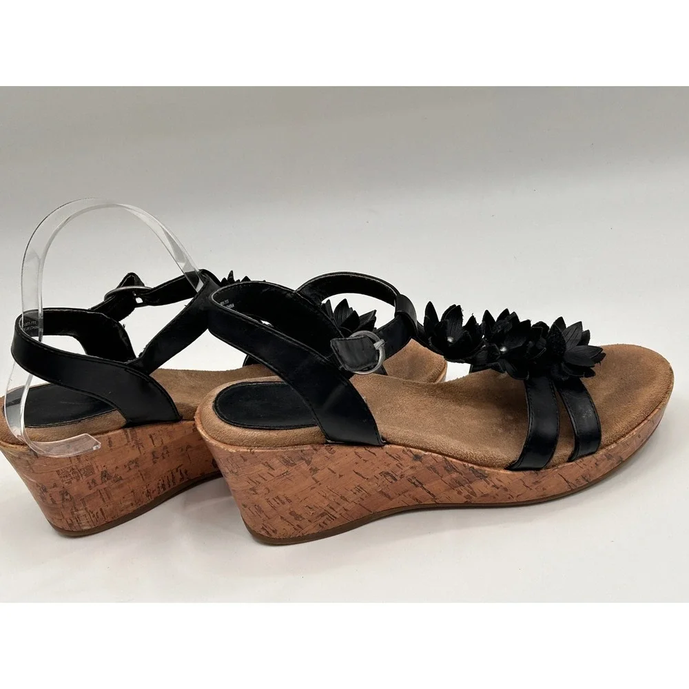 Wear‎ Ever Black Floral Wedge Sandals Womens Size 9 Cork Platform Comfort